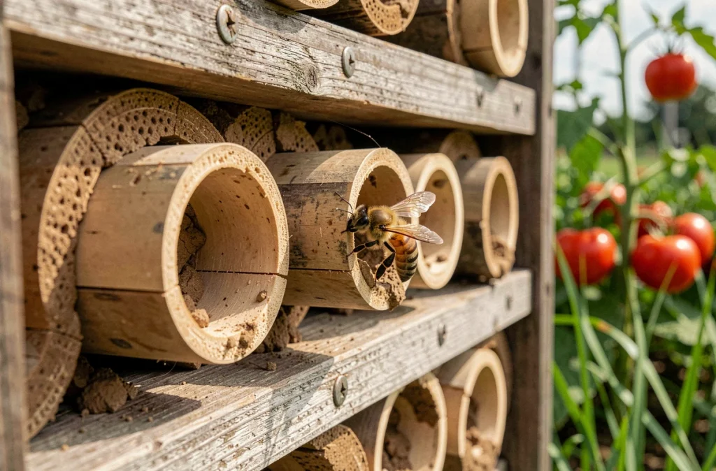 Gros plan d'une abeille sauvage entrant dans un tube de bambou d'un hôtel à insectes en bois recyclé dans un potager