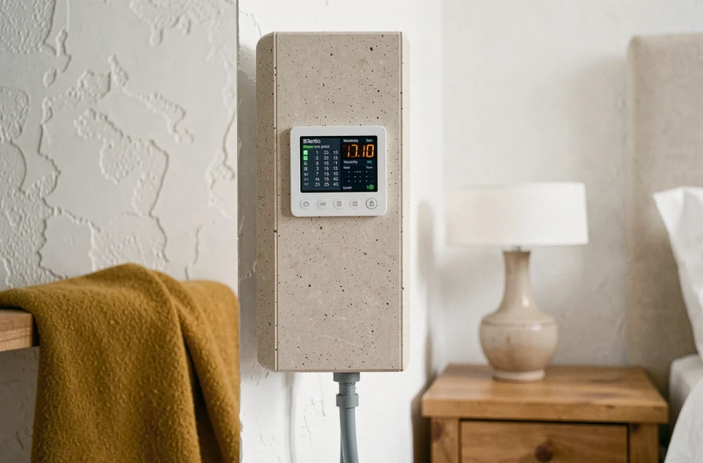 Gros plan sur le panneau de contrôle numérique d'un radiateur électrique à inertie pierre installé dans une chambre