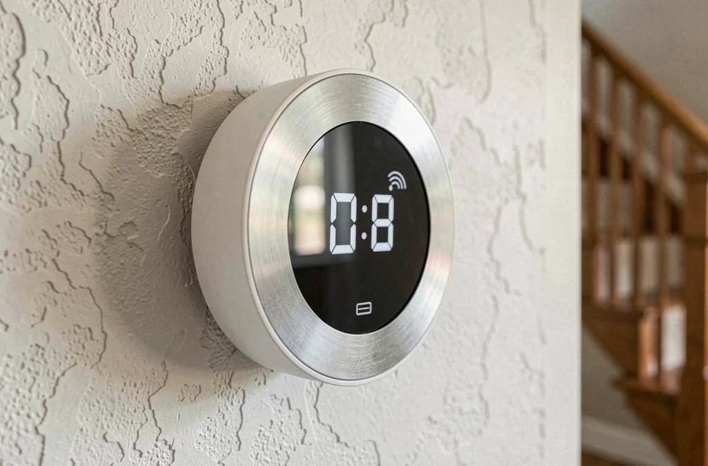 Gros plan d'un thermostat connecté avec affichage numérique installé sur un mur de couloir résidentiel