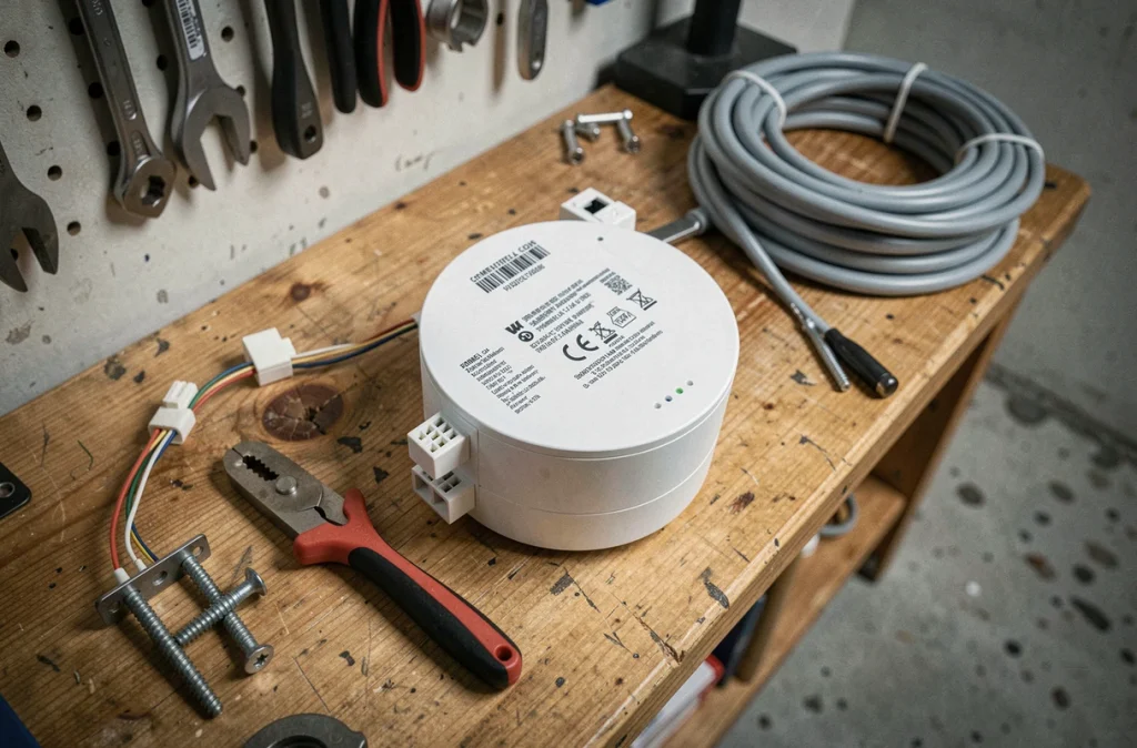 Gros plan d'un thermostat intelligent posé sur un établi avec câbles et outils d'installation