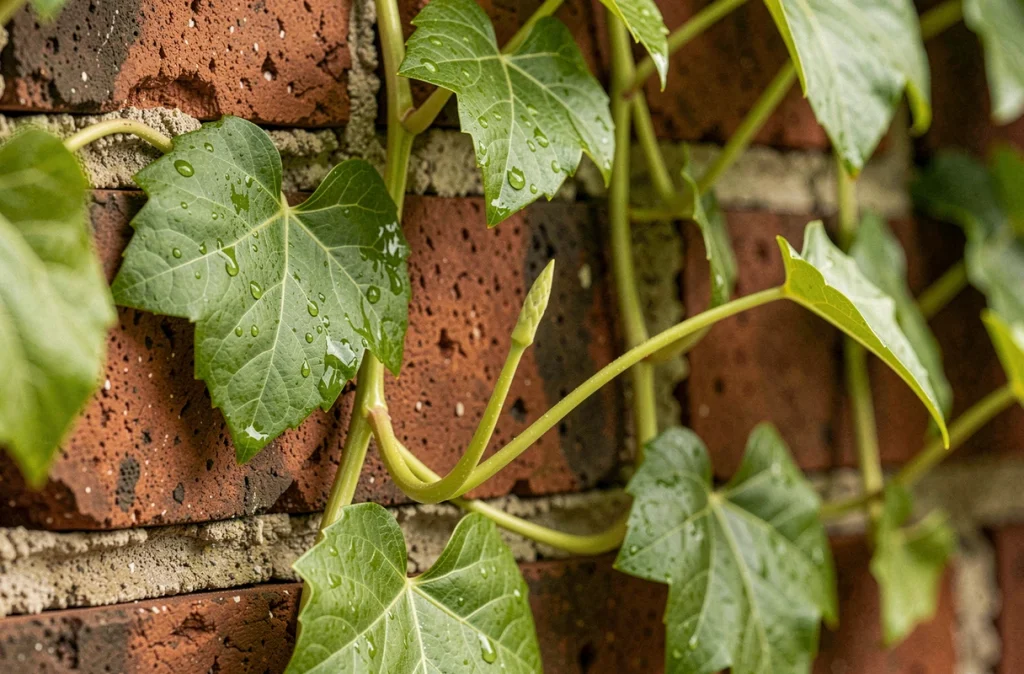 Gros plan de vrilles et ventouses de plante grimpante fixées sur un vieux mur de briques rouges avec gouttes de pluie