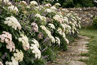 Haie fleurie composée de rosiers sauvages, viburnum et lavande le long d'un chemin de jardin en pierres naturelles