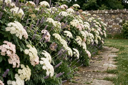 Haie fleurie composée de rosiers sauvages, viburnum et lavande le long d'un chemin de jardin en pierres naturelles