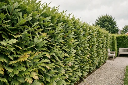 Haie végétale de charmes denses formant un écran naturel de confidentialité en bordure d'un jardin résidentiel avec banc en bois visible en arrière-plan