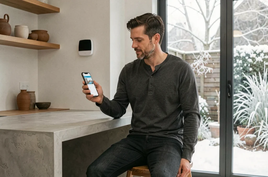 Homme consultant une application de thermostat connecté sur smartphone dans une cuisine moderne en hiver