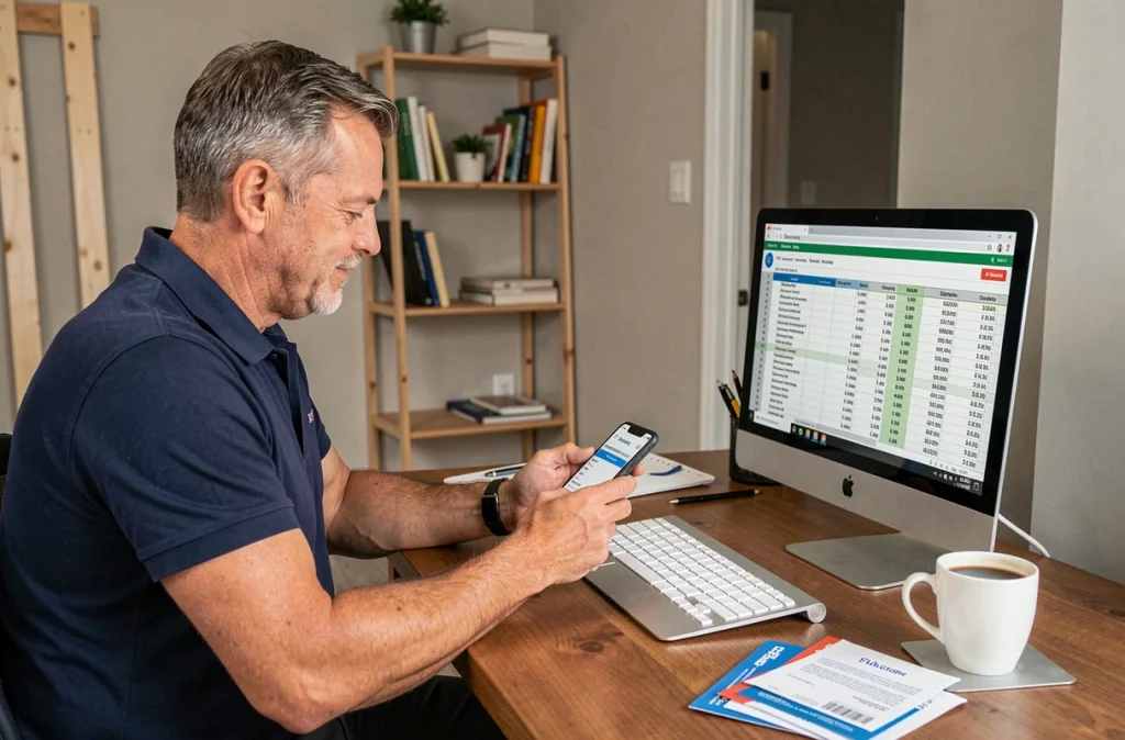Homme utilisant smartphone et ordinateur pour comparer les offres d'énergie et optimiser son budget dans un nouveau foyer