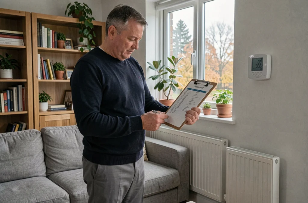 Homme consultant une liste de vérification avant de couper le chauffage et quitter son domicile en automne