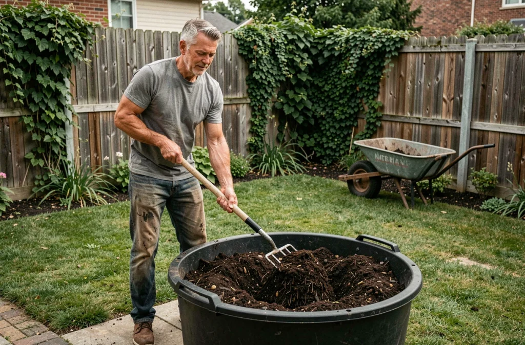 Homme retournant le compost avec une fourche dans un bac à compost noir en plastique au fond du jardin