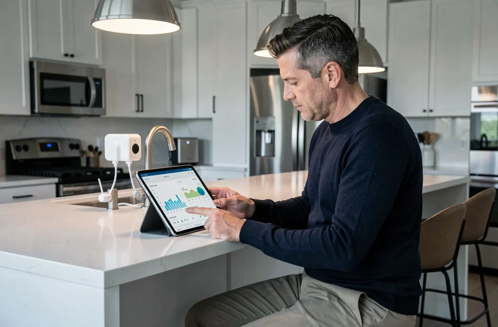 Homme consultant un tableau de bord énergétique sur tablette dans une cuisine connectée équipée d'appareils domotiques