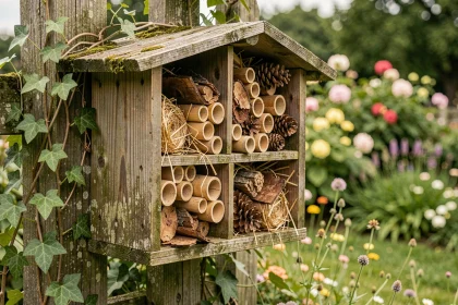Hôtel à insectes en bois naturel fixé sur un poteau de jardin, garni de bambous, pommes de pin et paille pour favoriser la biodiversité