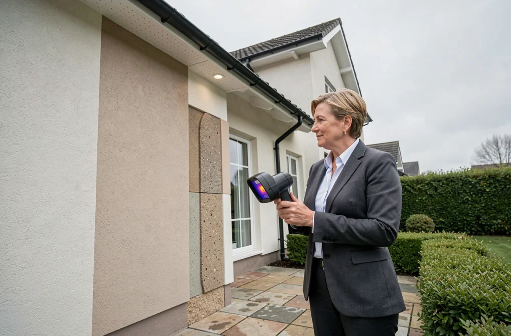 Inspectrice immobilière utilisant une caméra thermique pour évaluer l'isolation d'une façade de maison