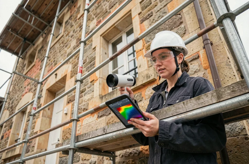 Architecte inspectant les pertes thermiques d'une façade en pierre avec une caméra thermique lors d'un ravalement