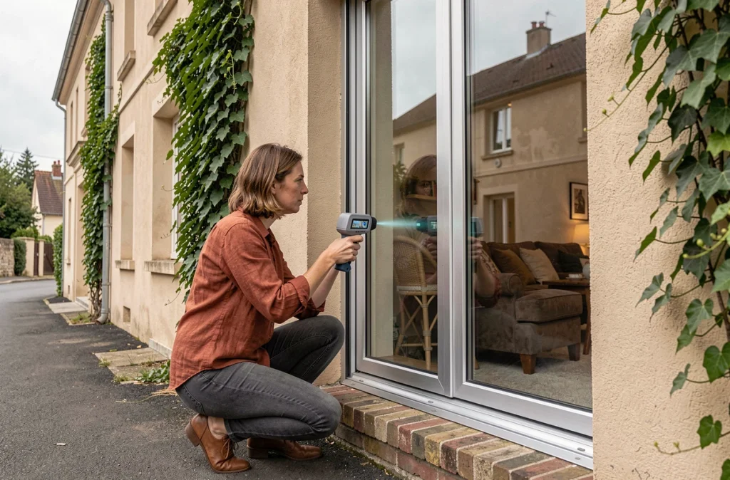 Femme inspectant l'isolation thermique d'une fenêtre en aluminium à double vitrage sur la façade d'une maison résidentielle