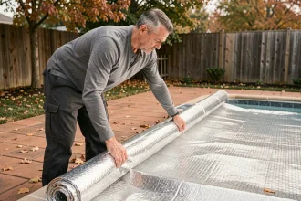 Homme installant une couverture thermique sur une piscine extérieure en automne pour réduire les pertes de chaleur