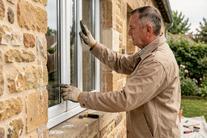 Artisan installant un double vitrage dans une fenêtre en PVC sur une maison en pierre pour améliorer l'isolation thermique