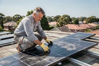 Technicien installant des panneaux solaires photovoltaïques sur un toit de maison individuelle lors de travaux de rénovation énergétique