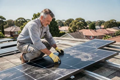 Technicien installant des panneaux solaires photovoltaïques sur un toit de maison individuelle lors de travaux de rénovation énergétique