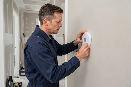 Technicien installant un thermostat intelligent sur un mur lors d'une rénovation de chauffage