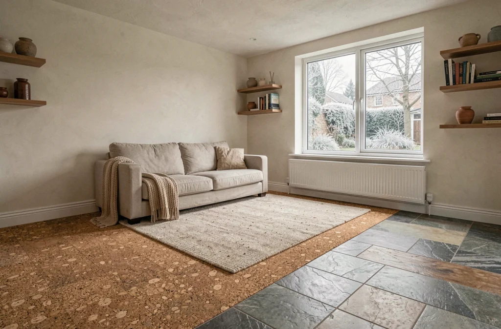 Intérieur chaleureux avec sol en liège et carrelage isolant thermique dans un salon moderne