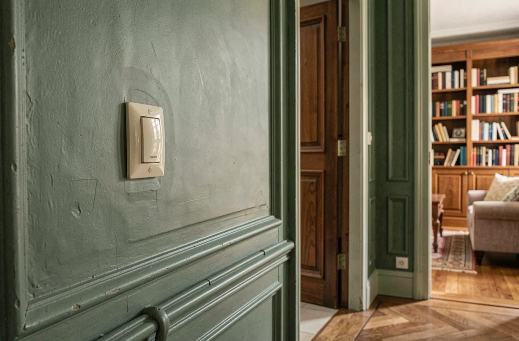 Interrupteur va-et-vient Legrand apparent en saillie dans un couloir de style haussmannien avec moulures