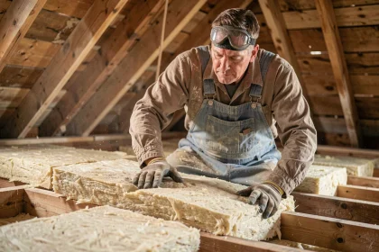 Artisan posant de la laine minérale dans les combles d'une maison pour améliorer l'isolation thermique et réduire la consommation de chauffage