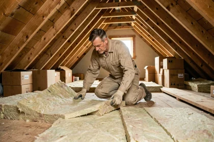 Artisan posant de la laine minérale en rouleaux sur le plancher d'un comble pour améliorer l'isolation thermique