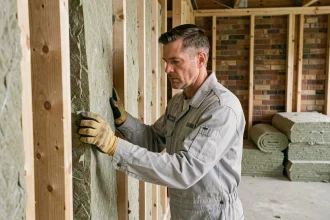 Artisan posant des panneaux d'isolation en laine minérale dans les murs d'une maison en rénovation