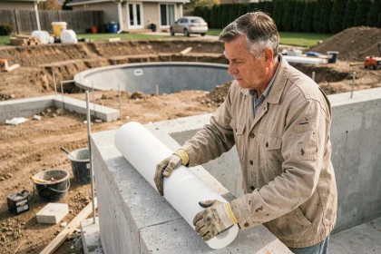 Entrepreneur posant des panneaux isolants en polystyrène extrudé sur les parois d'une piscine enterrée en construction