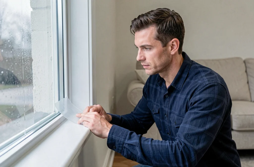 Homme posant un joint silicone transparent sur le cadre d'une fenêtre pour bloquer les infiltrations d'air froid