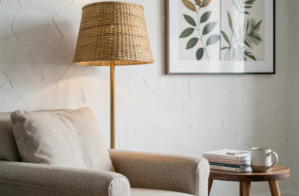 Lampadaire en jute tressé à côté d'un fauteuil de lecture en lin dans un intérieur cosy et naturel