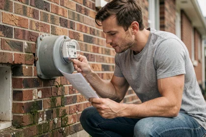 Homme lisant son compteur de gaz extérieur lors d'un déménagement pour effectuer le relevé d'index