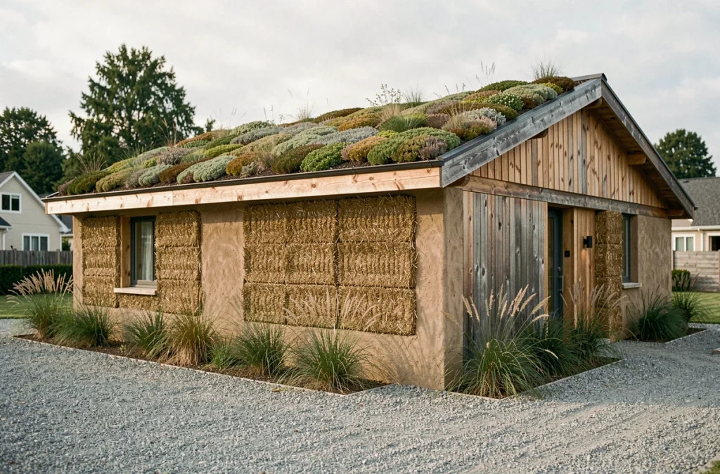 Maison individuelle écologique construite en matériaux biosourcés avec murs en paille enduits, bardage bois et toiture végétalisée en sedum