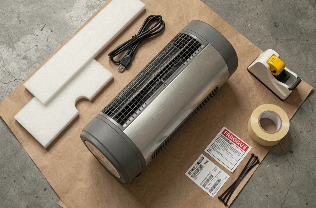 Vue aérienne du matériel d'emballage pour radiateur portable incluant mousse, film étirable et carton kraft