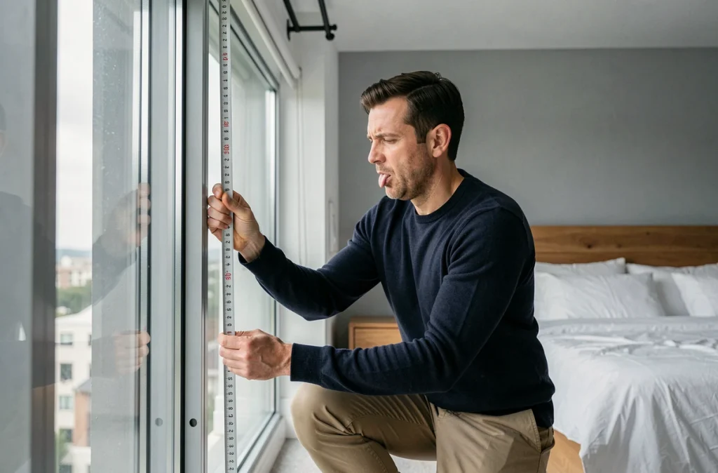 Homme mesurant la hauteur d'une fenêtre pour installer des rideaux isolants dans une chambre