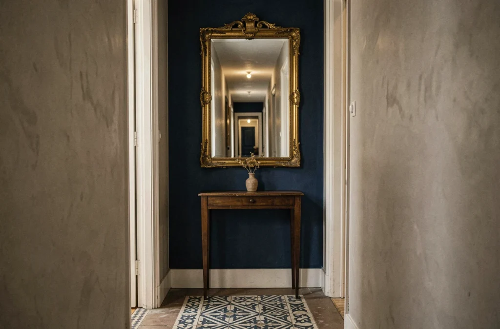 Miroir encadré doré dans un couloir sombre d'appartement parisien créant une illusion de profondeur