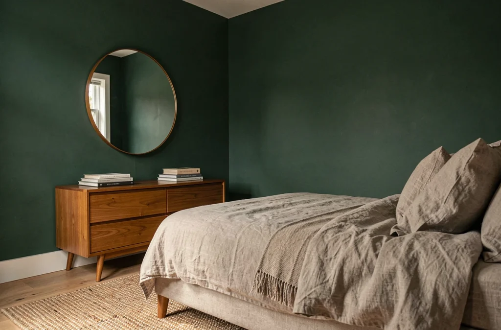 Miroir rond vintage dans une chambre aux murs vert foncé agrandissant visuellement la pièce
