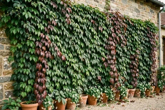 Mur de jardin en pierre recouvert de plantes grimpantes comme le lierre et la vigne vierge aux feuilles vertes et bordeaux