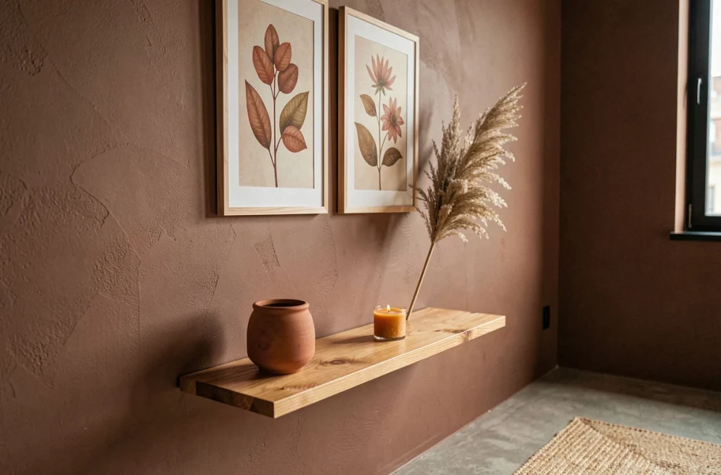 Mur de chambre en teinte argile terracotta avec galerie de cadres botaniques, pot en céramique et herbes de pampa séchées