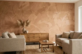 Salon moderne avec mur texturé en enduit chaux terracotta et mobilier en bois naturel pour une ambiance chaleureuse