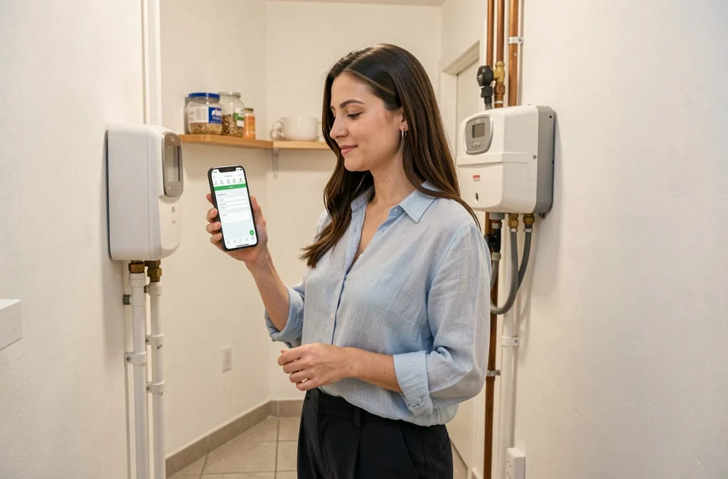 Femme contactant son fournisseur de gaz par smartphone pour ouvrir son compteur après un déménagement dans un appartement