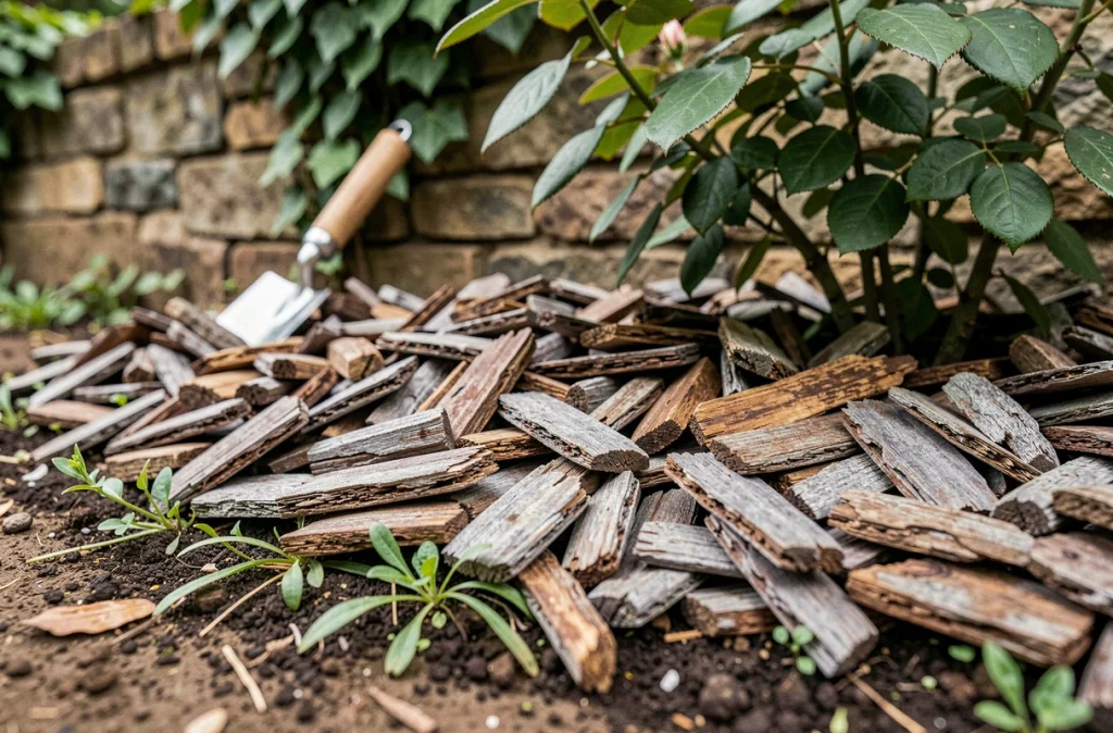 Paillage de copeaux de bois au pied d'un rosier dans une bordure de jardin formel avec mur en pierre