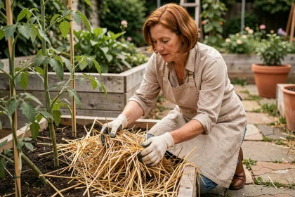 Femme jardinière appliquant un paillage de paille autour de plants de tomates dans un potager surélevé en bois