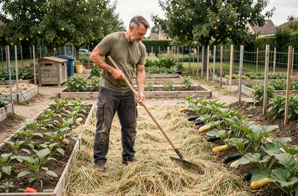 Homme étalant un paillage de tontes de gazon séchées sur des planches de légumes dans un jardin ouvrier
