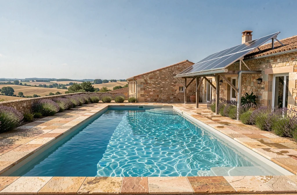 Installation de panneaux solaires thermiques pour le chauffage d'une piscine extérieure en Provence