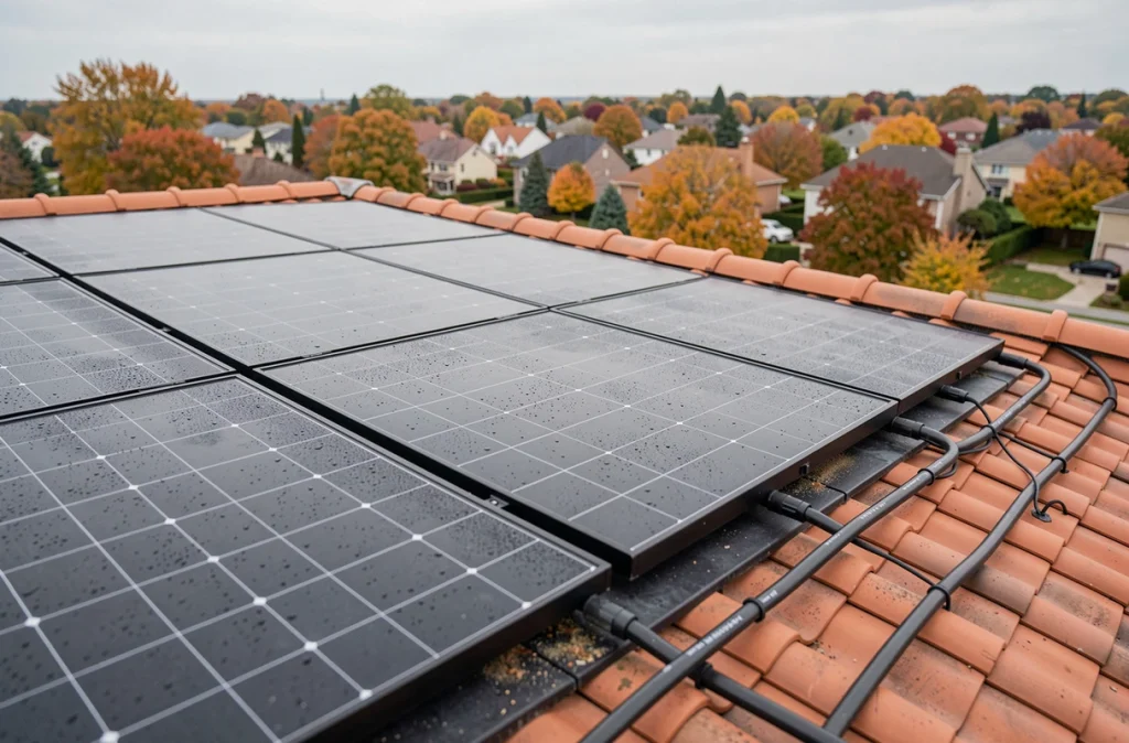 Panneaux solaires thermiques noirs installés sur un toit pour le chauffage d'une piscine résidentielle