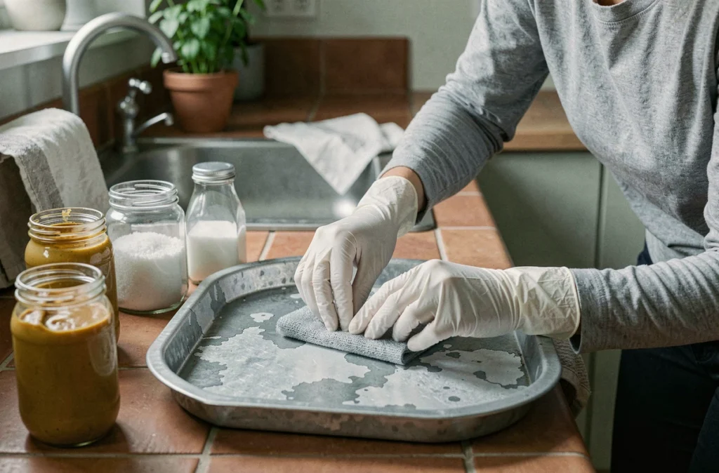 Femme patinant un plateau en zinc avec du vinaigre et du sel dans une cuisine domestique