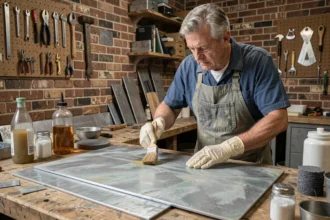 Artisan appliquant une patine sur une feuille de zinc avec un pinceau et des produits ménagers dans un atelier