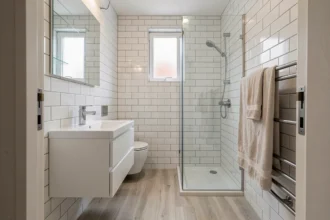 Petite salle de bain moderne de 4 m² optimisée avec douche italienne et meuble vasque suspendu