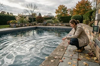 Piscine résidentielle par temps venteux avec des ondulations de surface et une femme consultant un moniteur énergétique numérique près du bassin