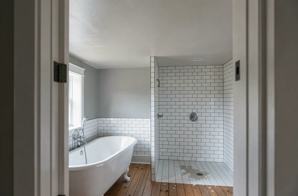 Plafond de salle de bains en peinture satinée légèrement brillante, vue depuis l'encadrement de porte